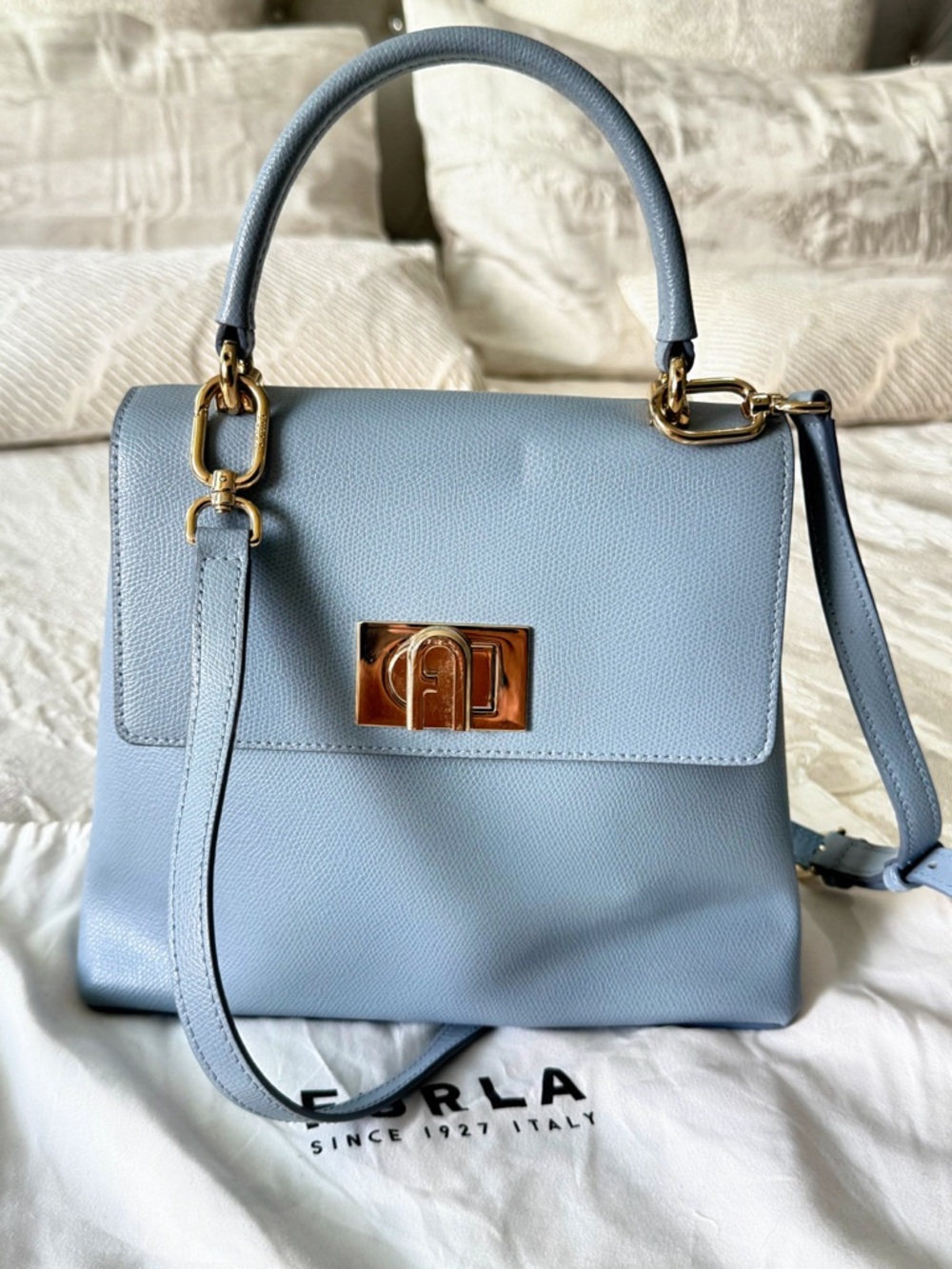 Furla Powder Blue Top-Handle Leather Satchel with Gold Hardware